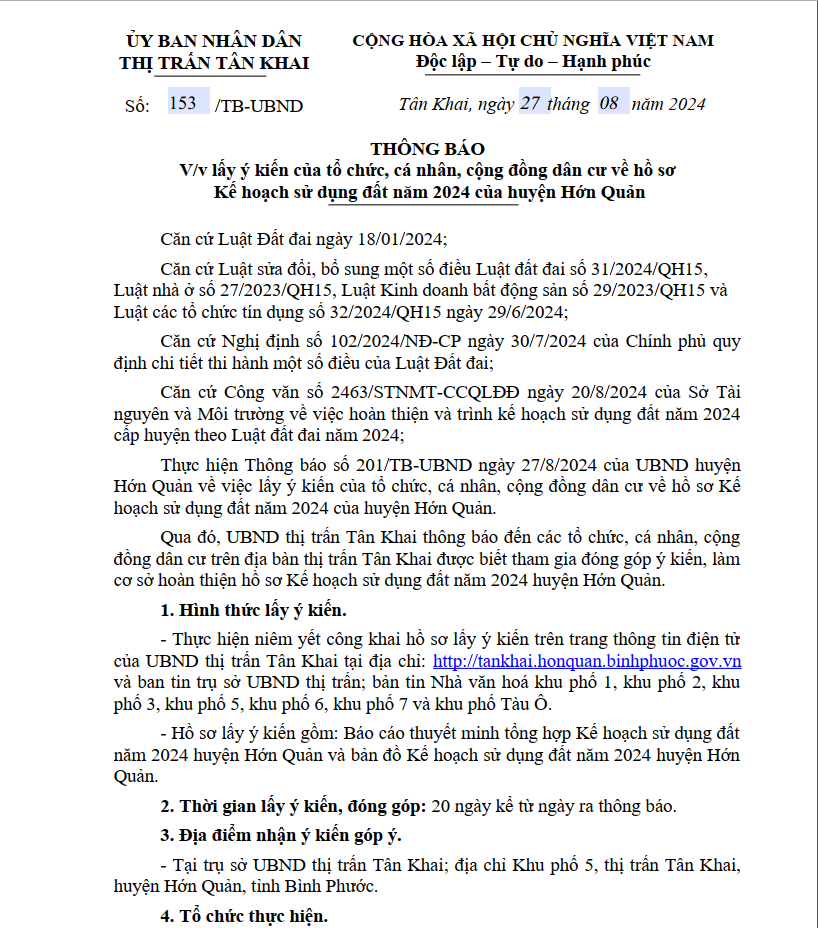 Thông báo về việc lấy ý kiến của tổ chức, cá nhân, cộng đồng dân cư về hồ sơ Kế hoạch sử dụng đất năm 2024 của huyện Hớn Quản